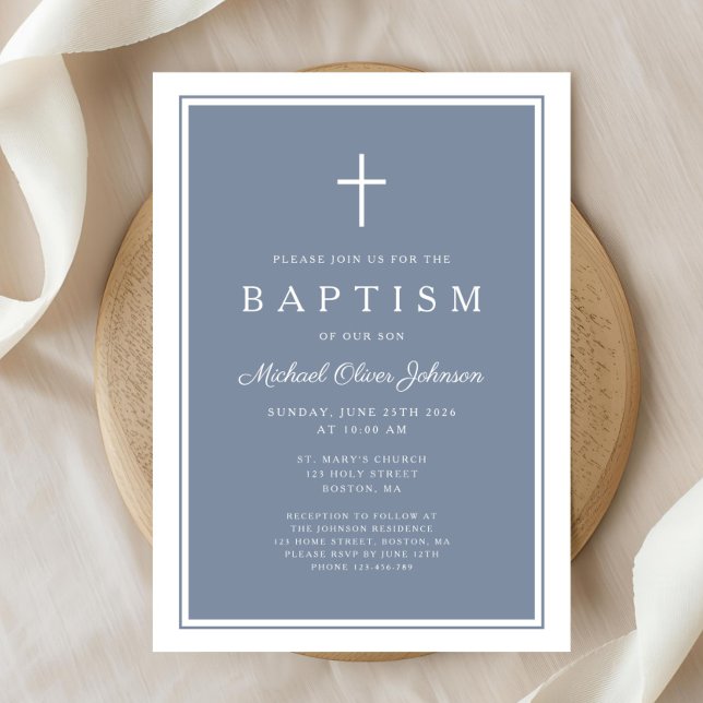 Invitación Elegant Dusty Blue Cross Baby Boy Baptism (Elegant Dusty Blue Cross Baby Boy Baptism Invitation)