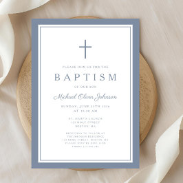 Invitación Elegant Dusty Blue Cross Baby Boy Baptism