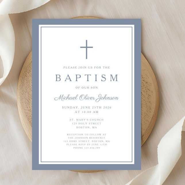 Invitación Elegant Dusty Blue Cross Baby Boy Baptism (Elegant Dusty Blue Cross Baby Boy Baptism Invitation)