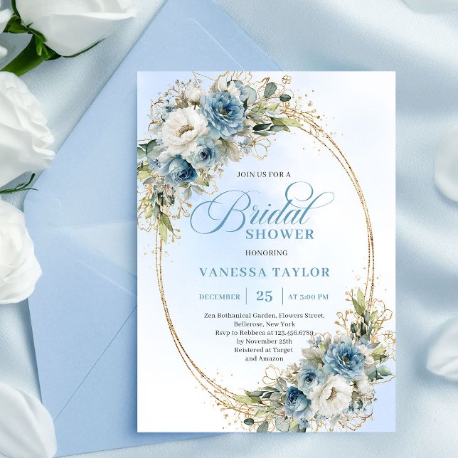 Invitación Elegant Dusty Blue Eucalyptus Gold Bridal Shower  (Elegant Dusty Blue Eucalyptus Gold Bridal Shower Invite)