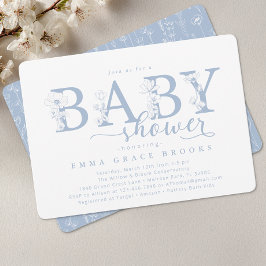 Invitación Elegant Dusty Blue Floral Baby Shower Typography