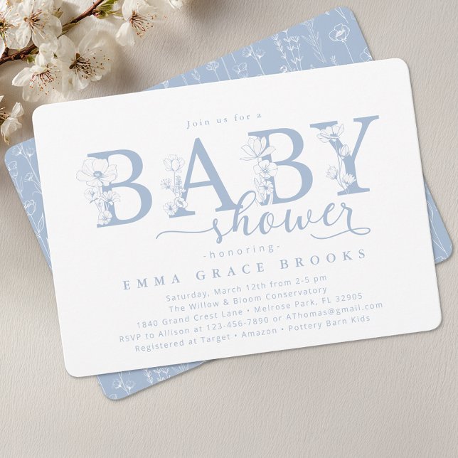 Invitación Elegant Dusty Blue Floral Baby Shower Typography (Dusty Blue Baby Shower Invite)