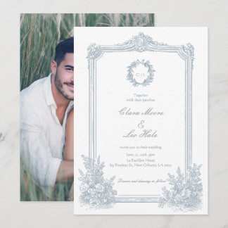 Invitación Elegant Dusty Blue Floral Border Wedding Photo 