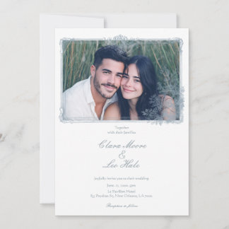 Invitación Elegant Dusty Blue Floral Border Wedding Photo