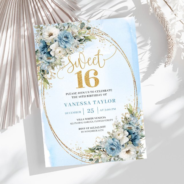 Invitación Elegant Dusty Blue Floral Eucalyptus Sweet Sixteen (Elegant Dusty Blue Floral Eucalyptus Sweet Sixteen Invite)