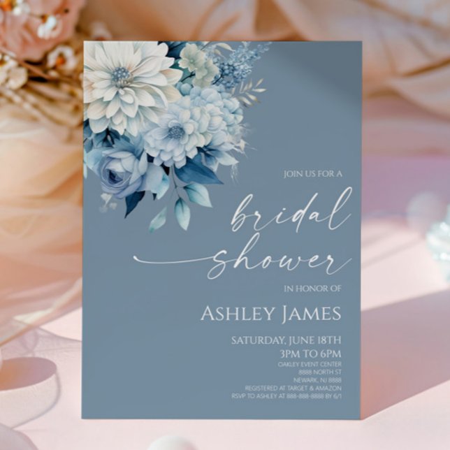 Invitación Elegant Dusty Blue Floral Flowers Bridal Shower (Subido por el creador)