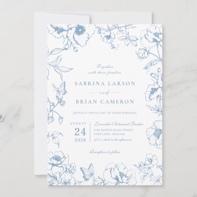 Invitación Elegant Dusty Blue Floral Garden QR Code Wedding (Anverso)
