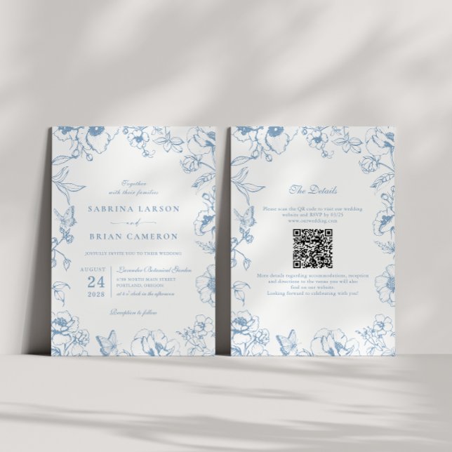 Invitación Elegant Dusty Blue Floral Garden QR Code Wedding (Subido por el creador)