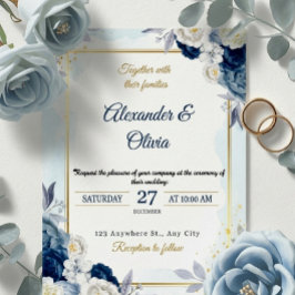 Invitación Elegant Dusty Blue Floral Gold Frame Wedding