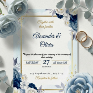 Invitación Elegant Dusty Blue Floral Gold Frame Wedding