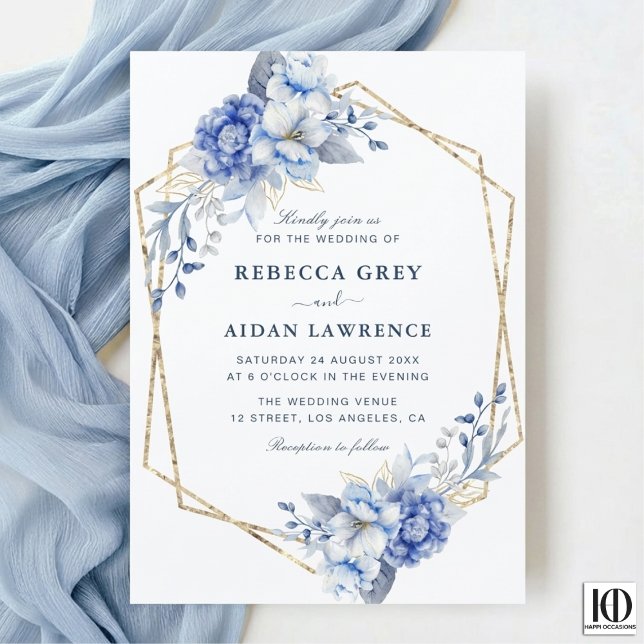 Invitación Elegant Dusty Blue Floral Gold Geometric Wedding (Subido por el creador)