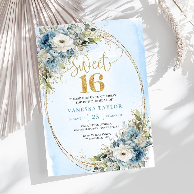 Invitación Elegant Dusty Blue Floral Gold Sweet Sixteen 16th (Elegant Dusty Blue Floral Gold Sweet Sixteen Invitation)