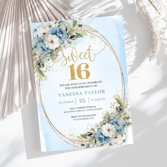 Invitación Elegant Dusty Blue Floral Sweet Sixteen Party   (Elegant Dusty Blue Floral Sweet Sixteen Party Invitation

)