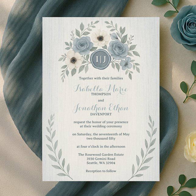 Invitación Elegant Dusty Blue Floral Wax Seal Wedding (Elegant Dusty Blue Floral Wax Seal Wedding Invitation
)