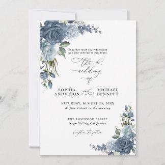 Invitación Elegant Dusty Blue Floral Wedding Invitation