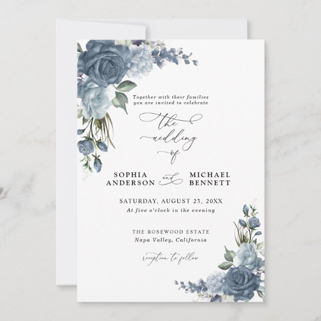 Invitación Elegant Dusty Blue Floral Wedding Invitation (Anverso)