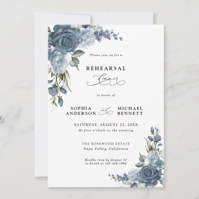 Invitación Elegant Dusty Blue Floral Wedding Rehearsal Dinner (Anverso)