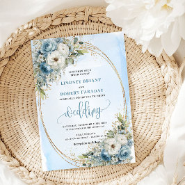 Invitación Elegant Dusty Blue Flowers Gold Wedding Invite