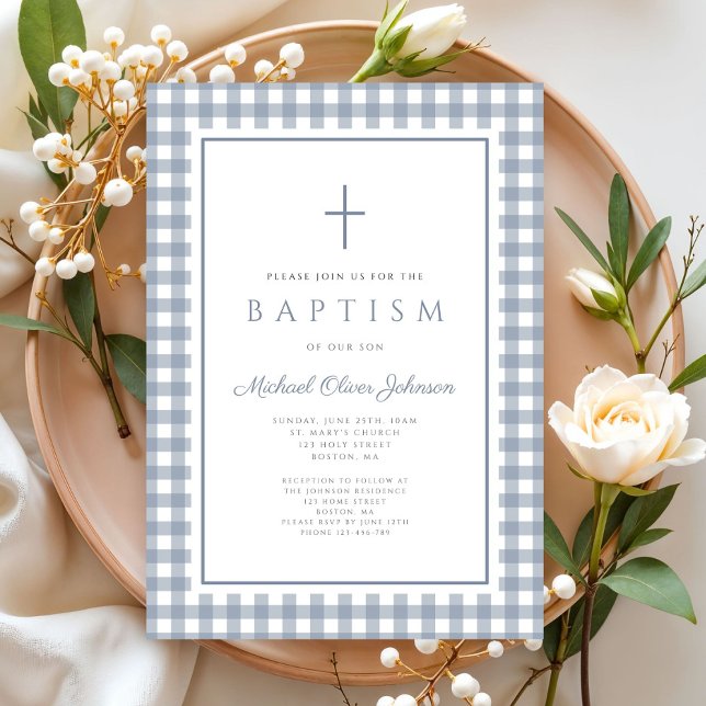 Invitación Elegant Dusty Blue Gingham Boy Baptism (Elegant Dusty Blue Gingham Boy Baptism Invitation)