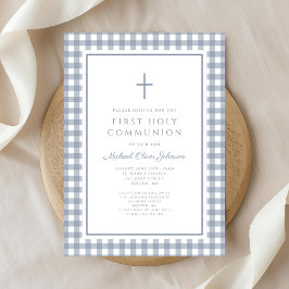 Invitación Elegant Dusty Blue Gingham Boy First Communion