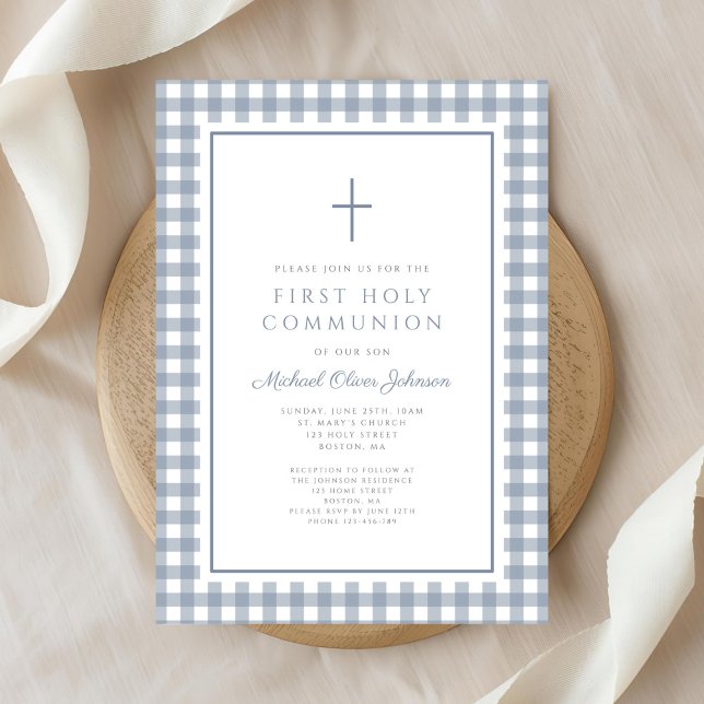 Invitación Elegant Dusty Blue Gingham Boy First Communion (Elegant Dusty Blue Gingham Boy First Communion Invitation)