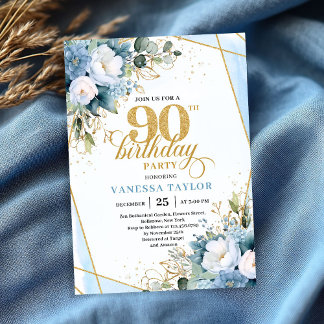 Invitación Elegant dusty blue gold frame 90th birthday invite