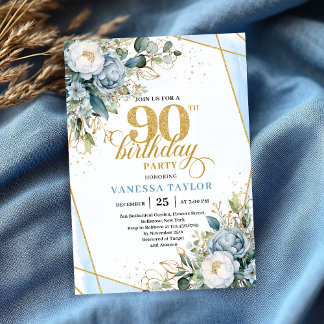 Invitación Elegant dusty blue gold frame floral 90th birthday