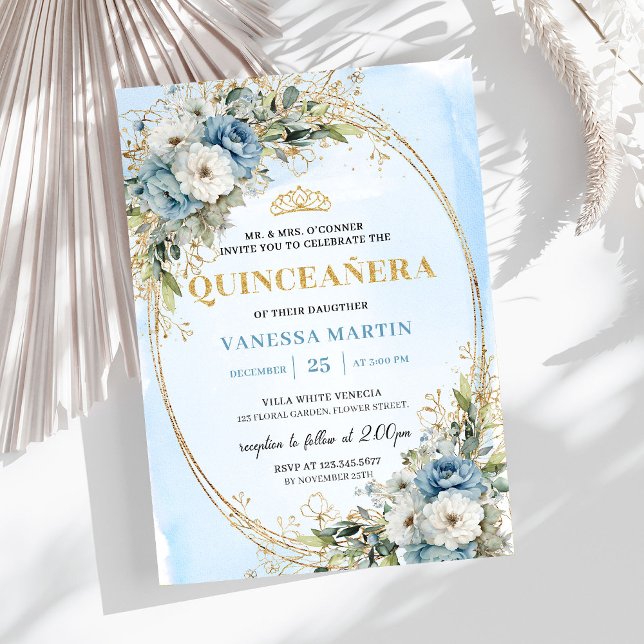 Invitación Elegant Dusty Blue Gold Greenery Quinceañera  (Elegant Dusty Blue Gold Greenery Quinceañera Invite)