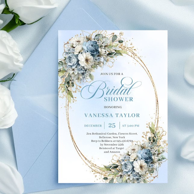 Invitación Elegant Dusty Blue Greenery Gold Bridal Shower  (Elegant Dusty Blue Greenery Gold Bridal Shower Invite)