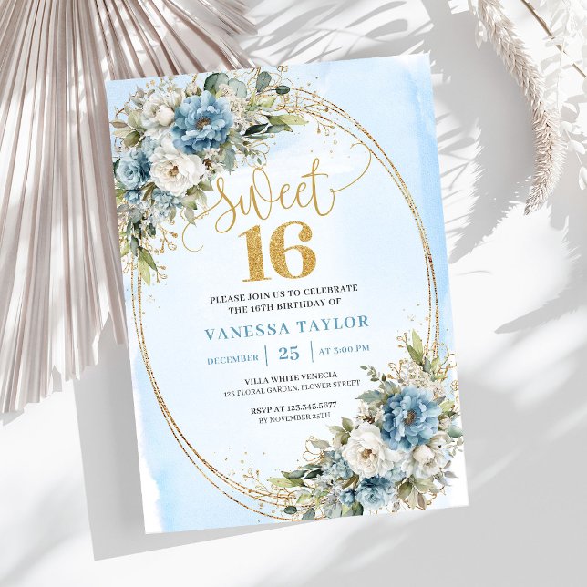 Invitación Elegant Dusty Blue Greenery Sweet 16th Birthday  (Elegant Dusty Blue Greenery Sweet 16th Birthday Invite)