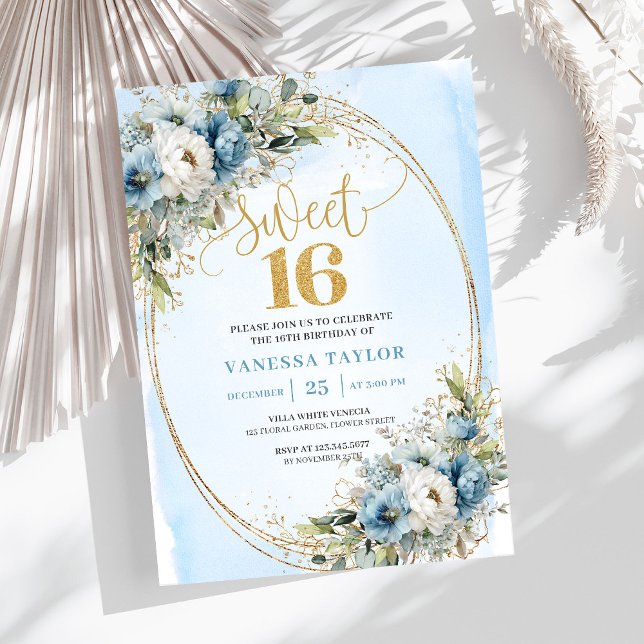 Invitación Elegant Dusty Blue Greenery Sweet 16th Birthday  (Elegant Dusty Blue Greenery Sweet 16th Birthday Invite)