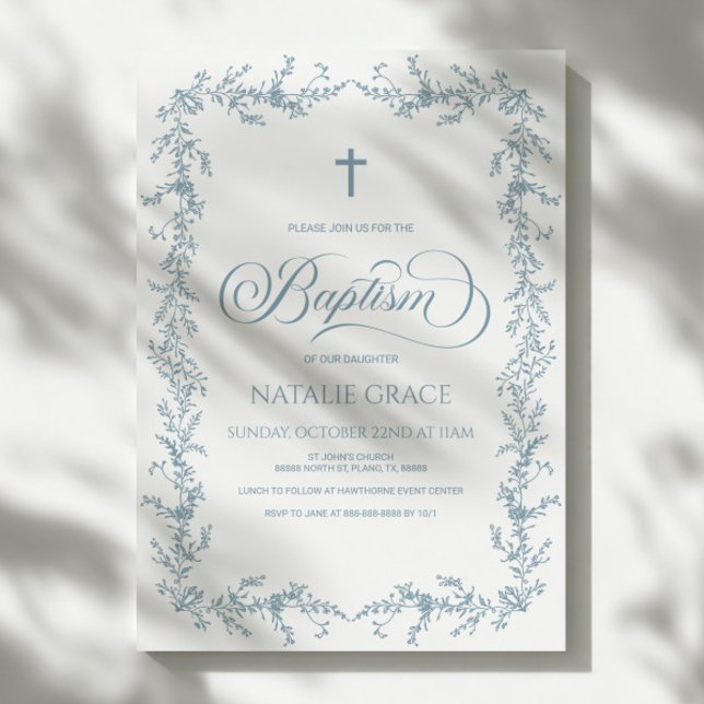 Invitación Elegant Dusty Blue Hand Drawn Floral Frame Baptism (Subido por el creador)