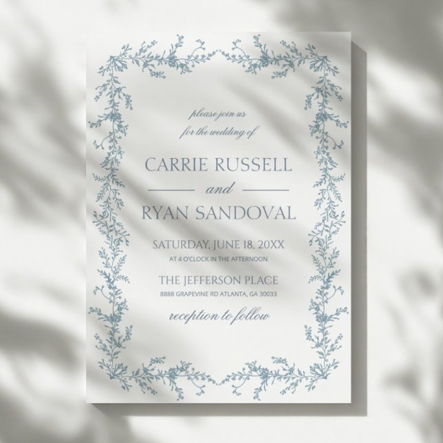 Invitación Elegant Dusty Blue Hand Drawn Floral Frame Wedding (Subido por el creador)