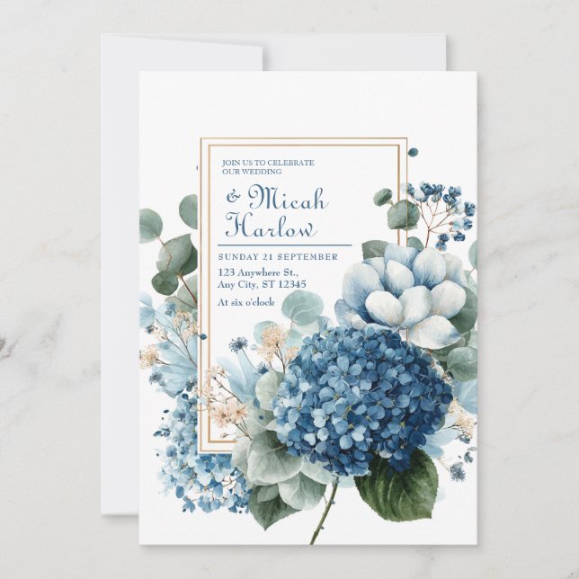 Invitación Elegant Dusty Blue Hydrangea Eucalyptus Gold Frame (Anverso)
