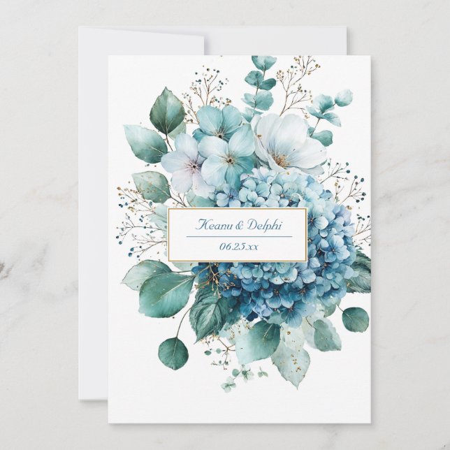 Invitación Elegant Dusty Blue Hydrangea Gold Floral (Anverso)