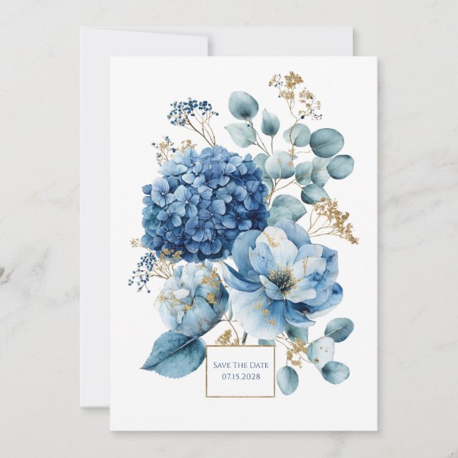 Invitación Elegant Dusty Blue Hydrangea Gold Glitter (Anverso)