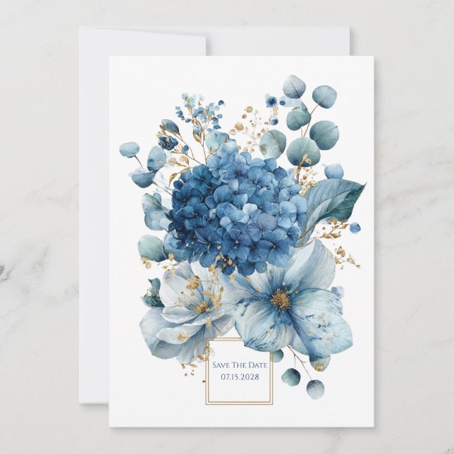 Invitación Elegant Dusty Blue Hydrangea Peony Gold Glitter (Anverso)