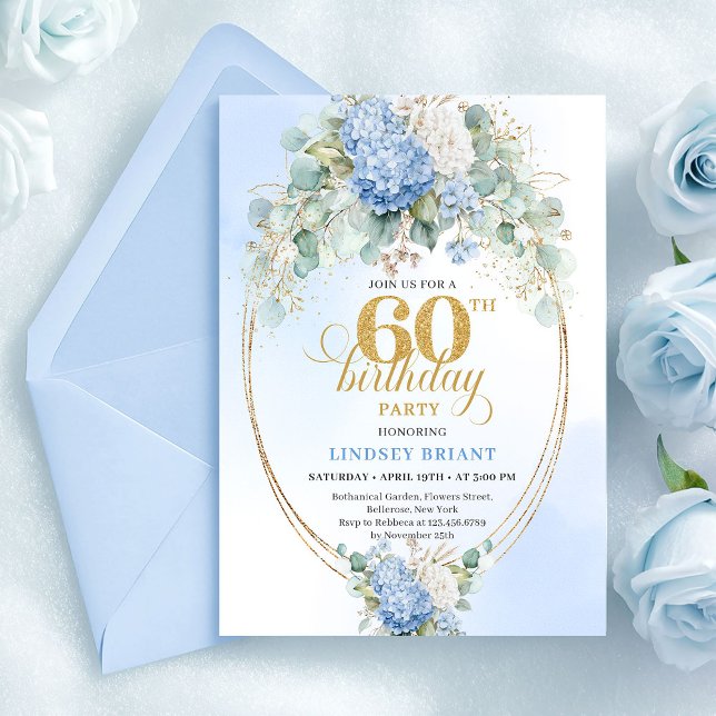 Invitación Elegant Dusty Blue Hydrangeas 60th Invitation (Blue hydrangea 60th birthday invitation,
unique digital printable download template,
Watercolor Soft)