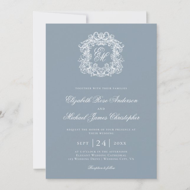 Invitación Elegant Dusty Blue Monogram Wedding Crest (Anverso)