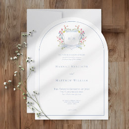 Invitación Elegant Dusty Blue Pastel Wildflower Crest Wedding