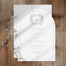 Invitación Elegant Dusty Blue Pastel Wildflower Crest Wedding