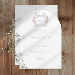 Invitación Elegant Dusty Blue Pastel Wildflower Crest Wedding