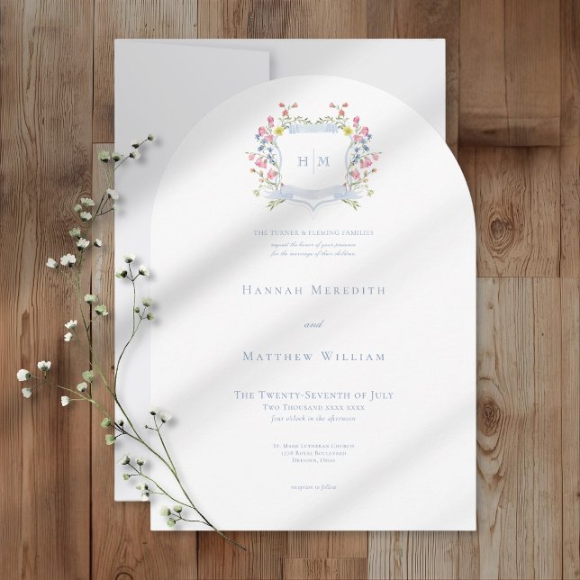 Invitación Elegant Dusty Blue Pastel Wildflower Crest Wedding (Subido por el creador)