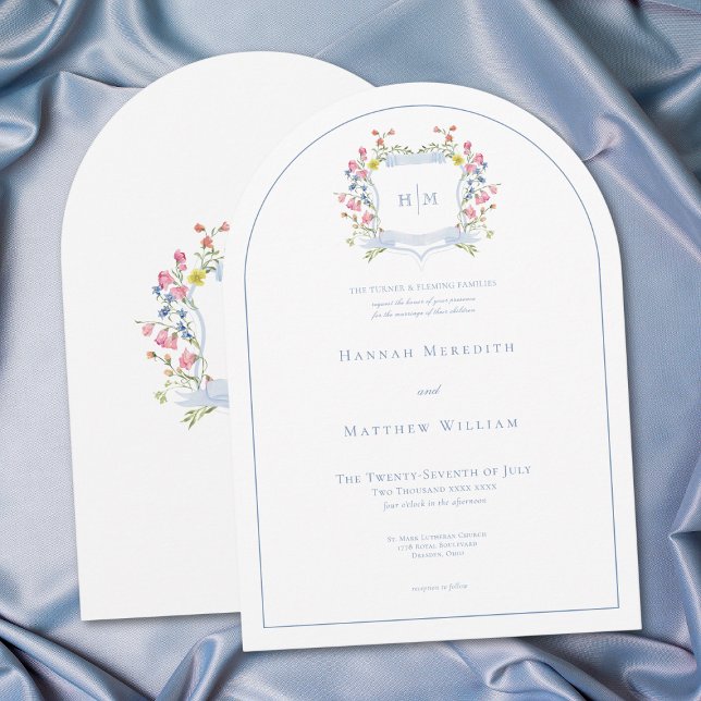Invitación Elegant Dusty Blue Pastel Wildflower Crest Wedding (Elegant Dusty Blue Pastel Wildflower Crest Arch Wedding Invitation)