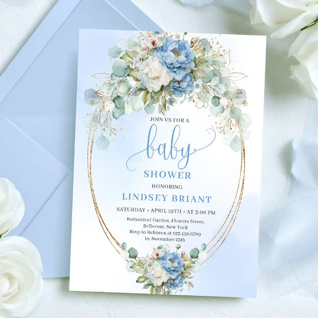 Invitación Elegant Dusty Blue Peonies Baby Shower Gold Invite (Elegant Dusty Blue Peonies Baby Shower Gold Invite)