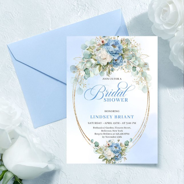 Invitación Elegant Dusty Blue Peonies Eucalyptus Gold Bridal  (Elegant Dusty Blue Peonies Eucalyptus Gold Bridal Invite)