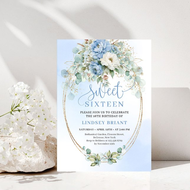 Invitación Elegant Dusty Blue Peonies Sweet Sixteen Celebrati (Elegant Dusty Blue Peonies Sweet Sixteen Celebration)