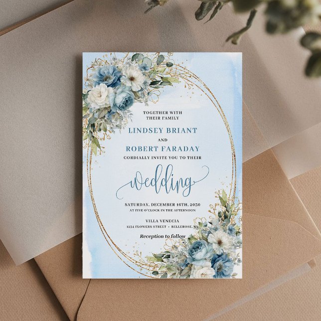 Invitación Elegant Dusty Blue Peony Floral Gold Glitter Invit (Elegant Dusty Blue Peony Floral Gold Glitter Invitation)