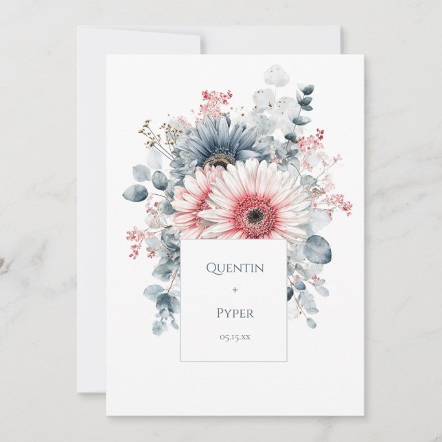 Invitación Elegant Dusty Blue Pink Gerbera Daisy Watercolor (Anverso)