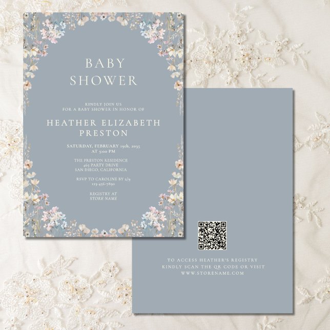 Invitación Elegant Dusty Blue QR Code Wildflower Baby Shower  (Subido por el creador)